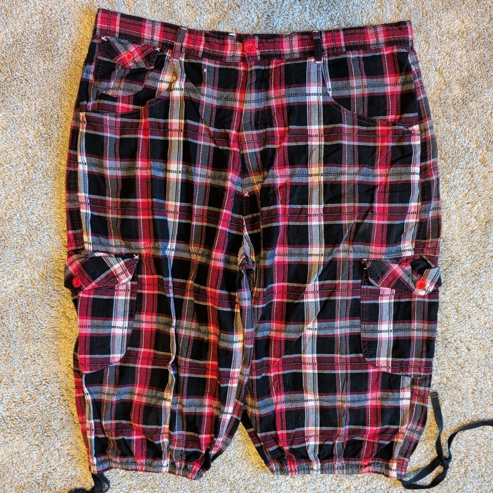 Knockout Cargo Shorts Mens 38 Red Black Plaid Cotton Streetwear Skater 626